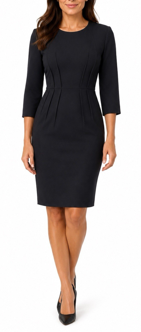 Les Copains Dress 3/4 Crew Neck Sheath Black Lined Pleated Stretch 42 6 S